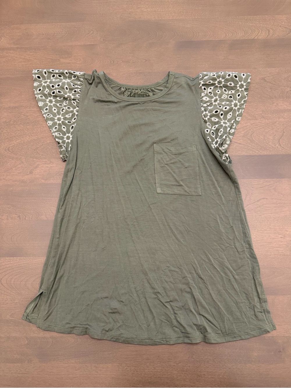 Olive Green Eyelet Flutter Sleeve Pocket Tunic Top